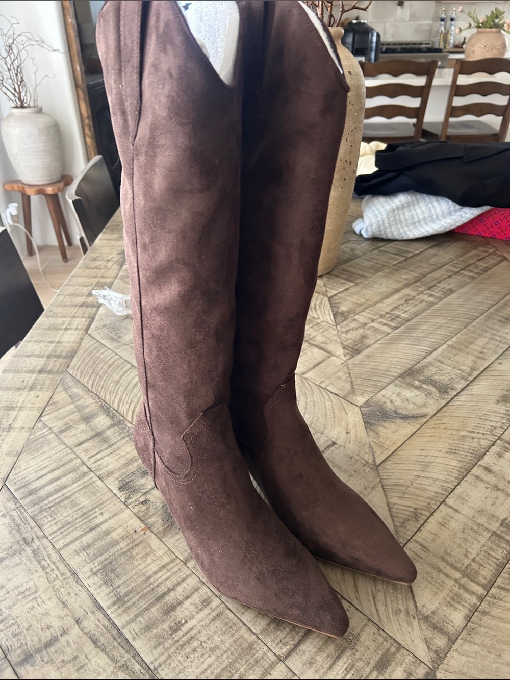 Tall Brown Suede Pointed-Toe Women's Heeled Boots